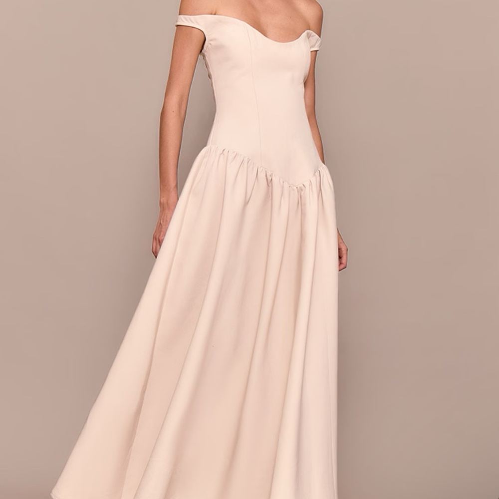 PrettyLittleThing Cream Woven Dipped Bardot Ruched Midaxi Dress